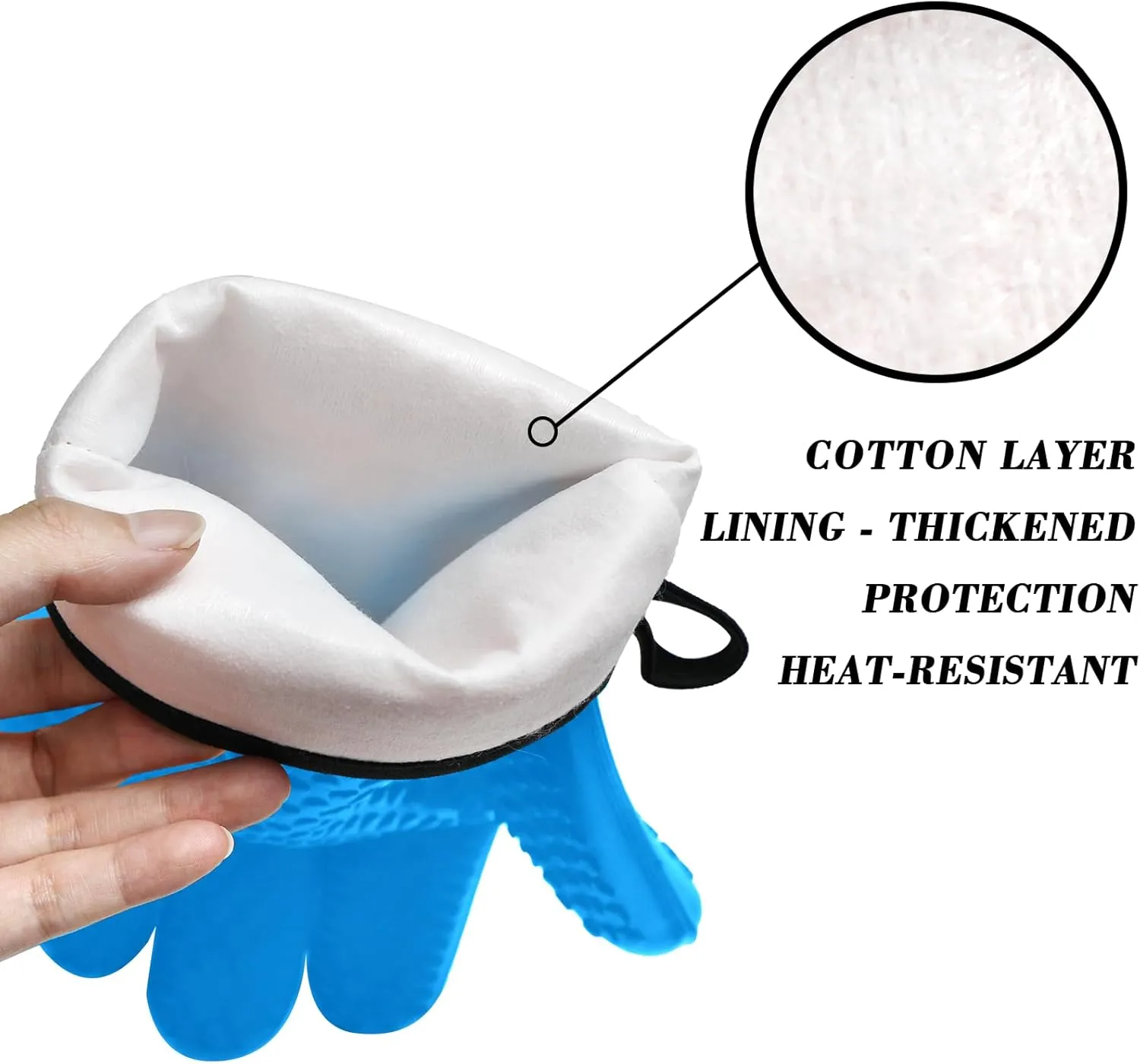 Heat Resistant Silicone Gloves for Cooking, Grilling, and BBQ Non-Slip Grip, Five-Finger Design with Inner Cotton Layer - Perfect for Handling Hot Food, Meat, and Potholders Inner Cotton Layer- Blue