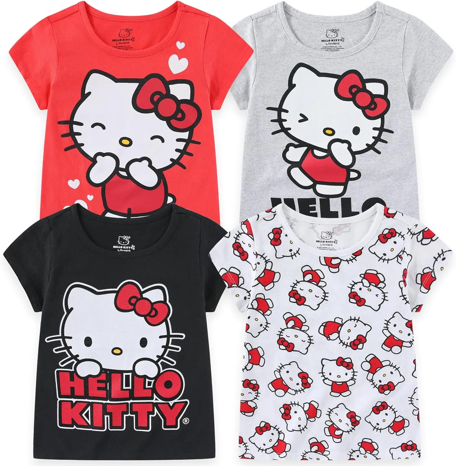 Hello Kitty Sanrio Girls 4 Pack Short Sleeve T-Shirt for Little and Big Kids