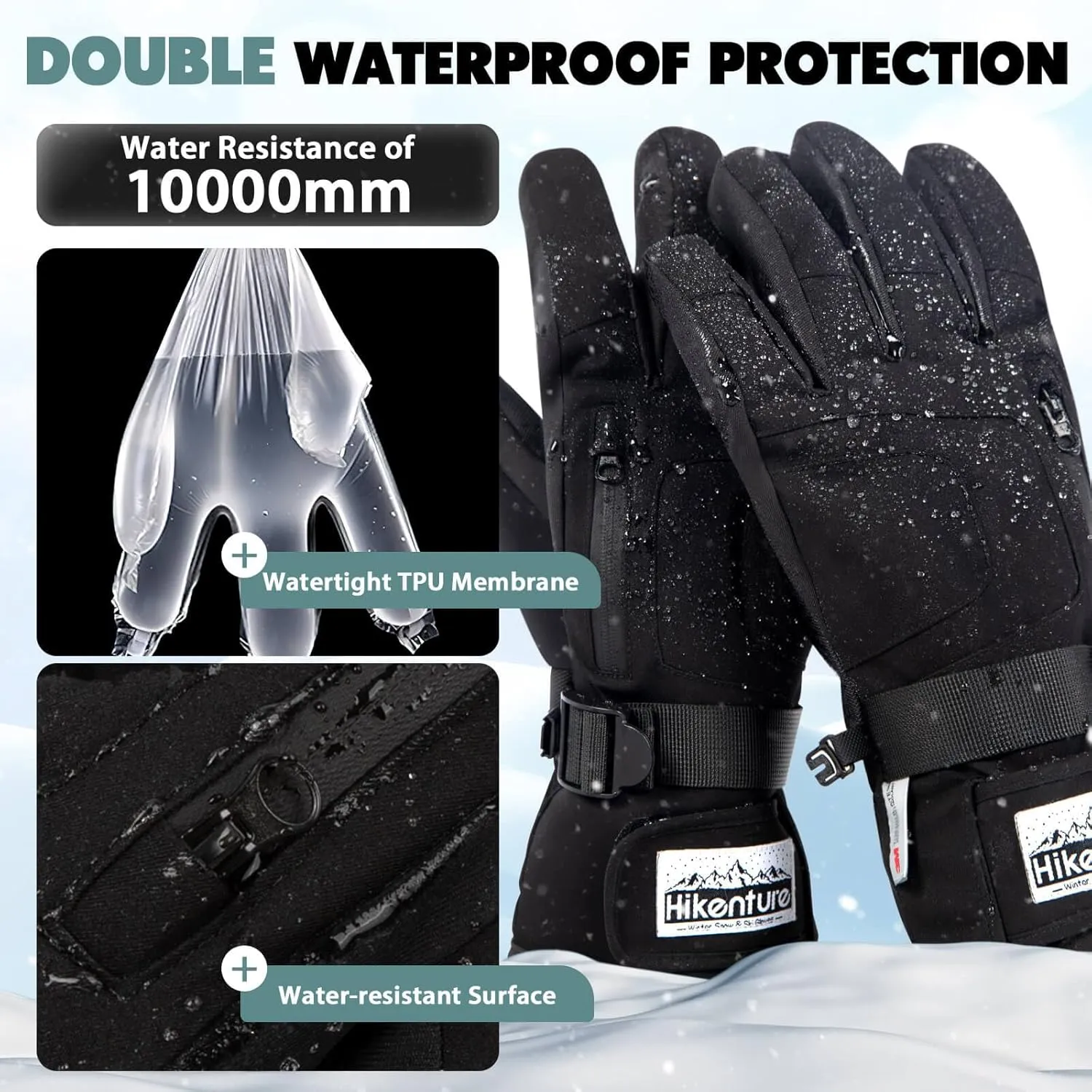 Hikenture Snow Gloves for Men&Women, 3M Thinsulate Waterproof Skiing Gloves with Pocket and Touchscreen Functionality