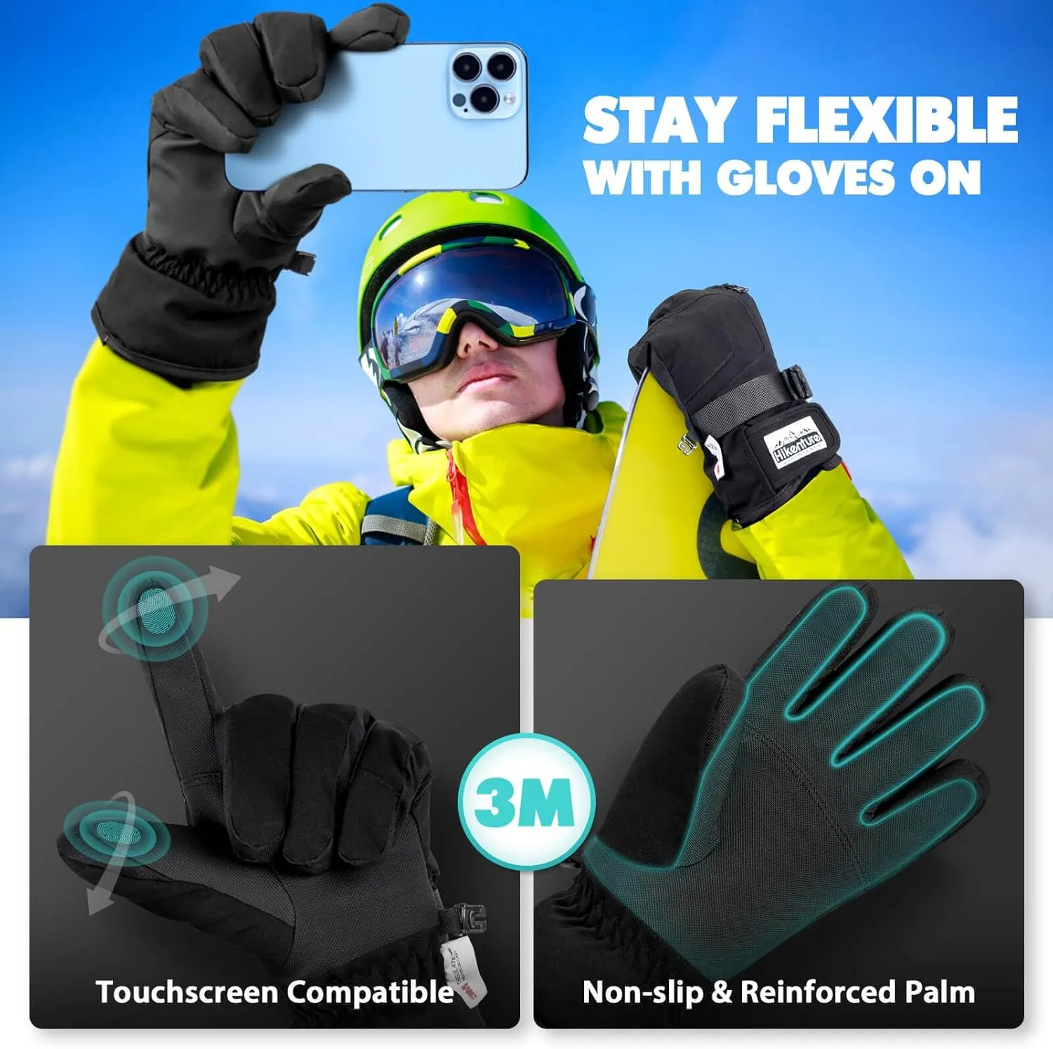 Hikenture Snow Gloves for Men&Women, 3M Thinsulate Waterproof Skiing Gloves with Pocket and Touchscreen Functionality