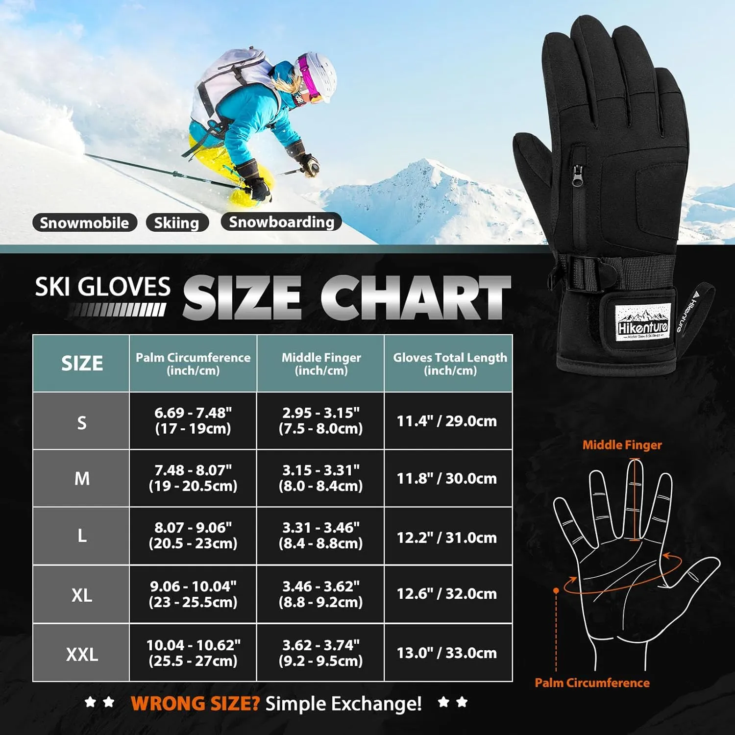 Hikenture Snow Gloves for Men&Women, 3M Thinsulate Waterproof Skiing Gloves with Pocket and Touchscreen Functionality