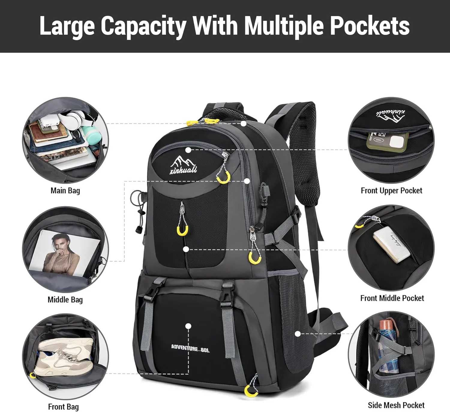 Hiking Backpack, 60L Large Camping Backpack Waterproof for Travel, Lightweight Day pack for Men Women, Black