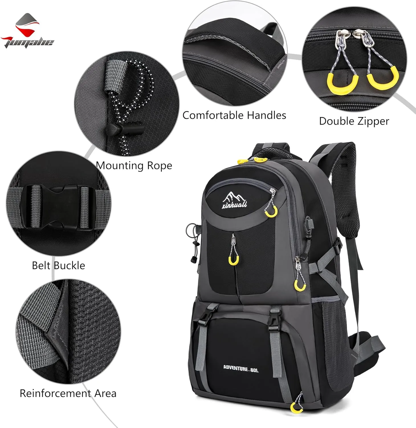 Hiking Backpack, 60L Large Camping Backpack Waterproof for Travel, Lightweight Day pack for Men Women, Black