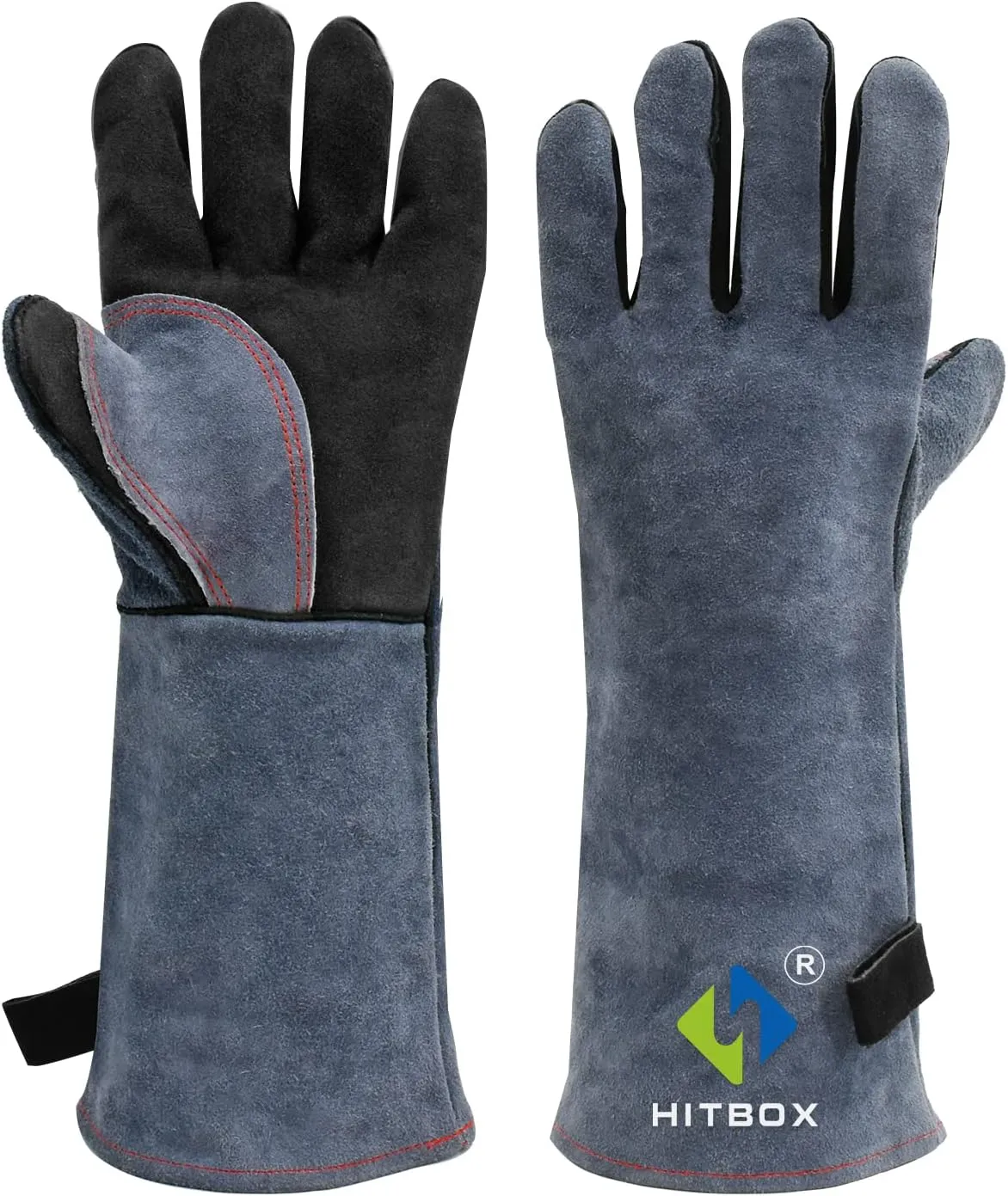 HITBOX Extreme Heat & Fire Resistant Gloves with Kevlar Stitching 16 ‘’ 932℉ Leather Fire Gloves for Arc Tig Mig Wood Stove Oven BBQ Grill Pot Holder Barking Animal Handling – Free Size for Men Women