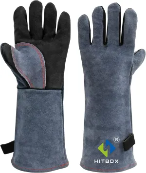 HITBOX Extreme Heat & Fire Resistant Gloves with Kevlar Stitching 16 ‘’ 932℉ Leather Fire Gloves for Arc Tig Mig Wood Stove Oven BBQ Grill Pot Holder Barking Animal Handling – Free Size for Men Women