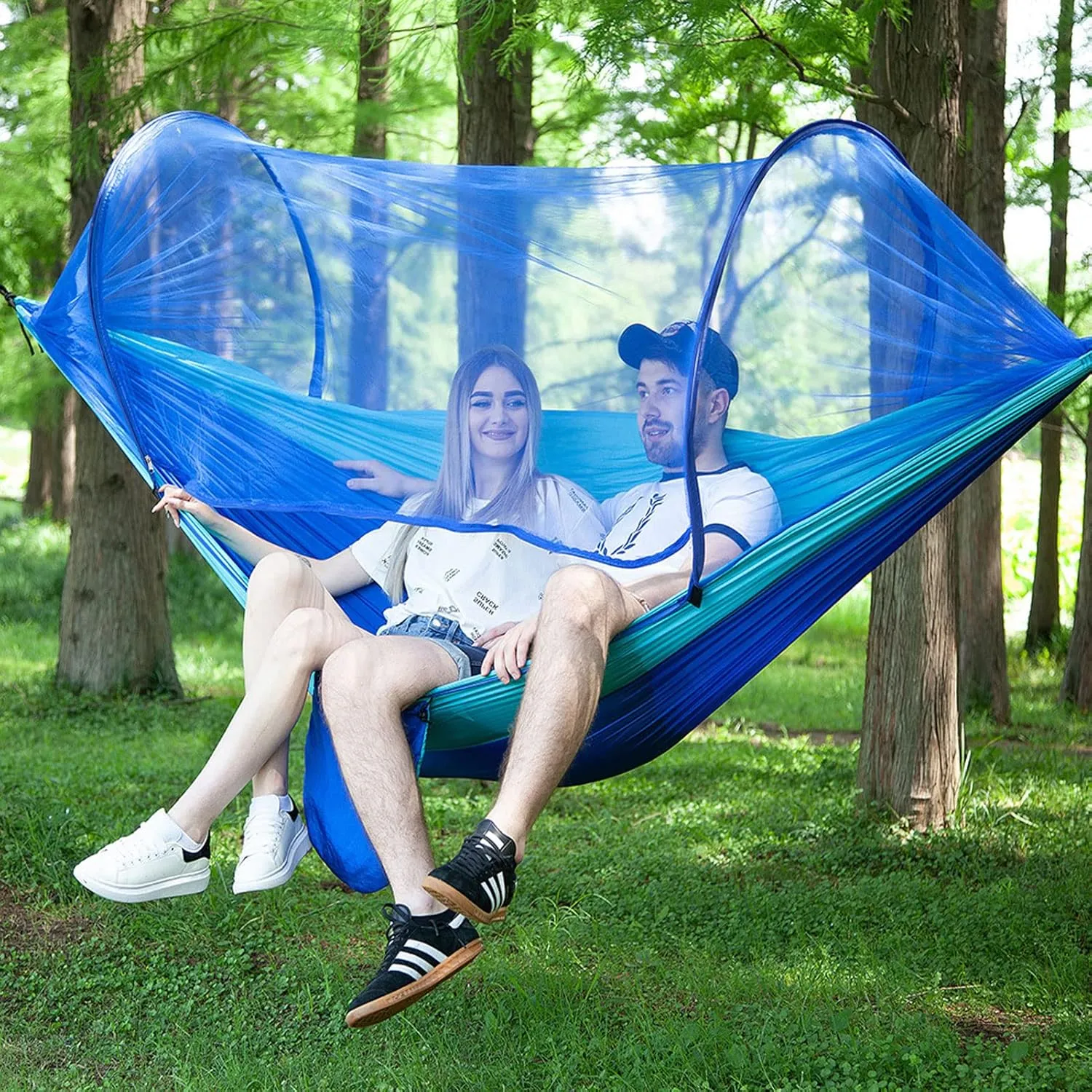 HUHJYUGE Camping Hammock with Mosquito Net, Hammocks with Tree Straps Carabiners, Automatic Quick Open Outdoor Portable Hammock, Nylon Parachute Material Hammocks (C)