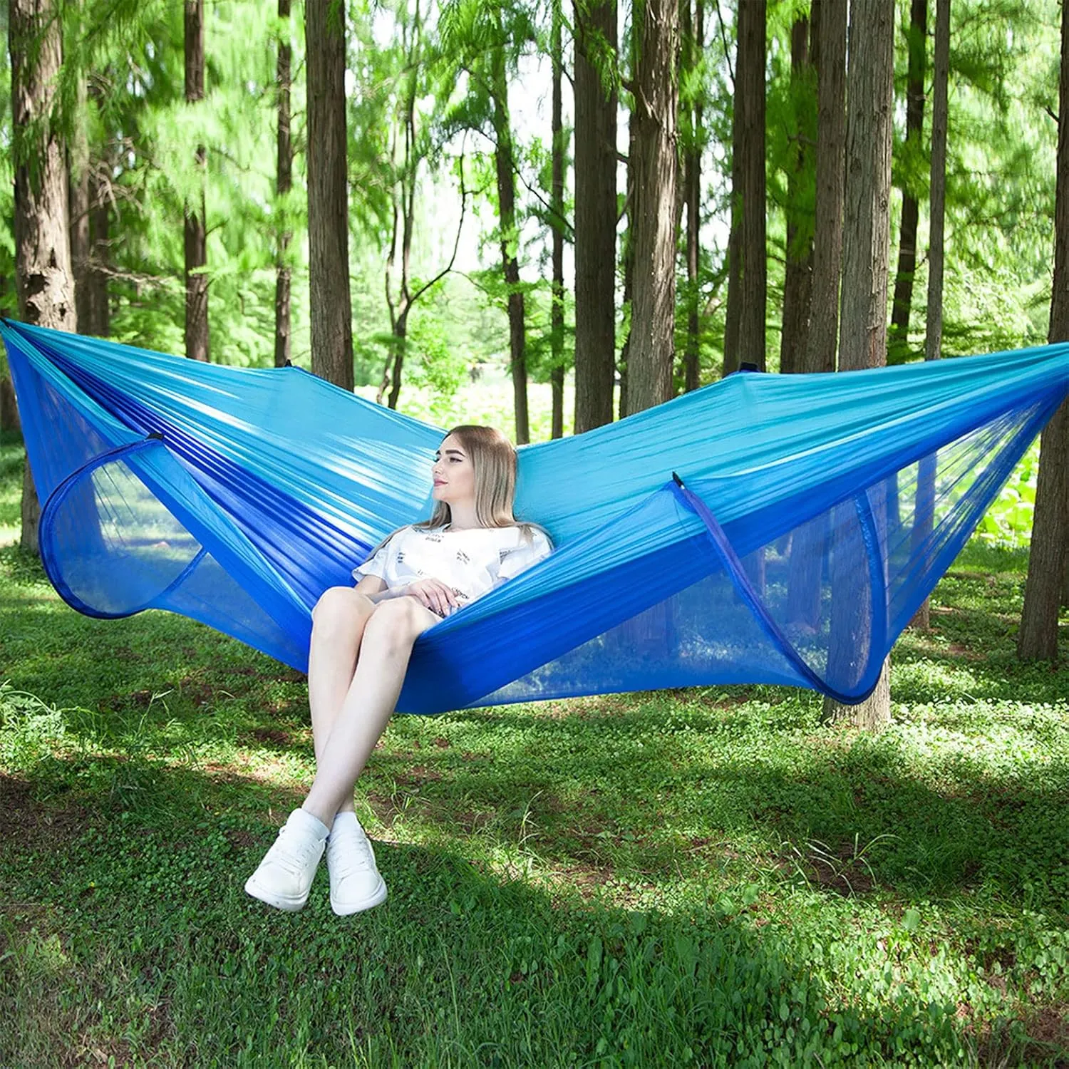 HUHJYUGE Camping Hammock with Mosquito Net, Hammocks with Tree Straps Carabiners, Automatic Quick Open Outdoor Portable Hammock, Nylon Parachute Material Hammocks (C)