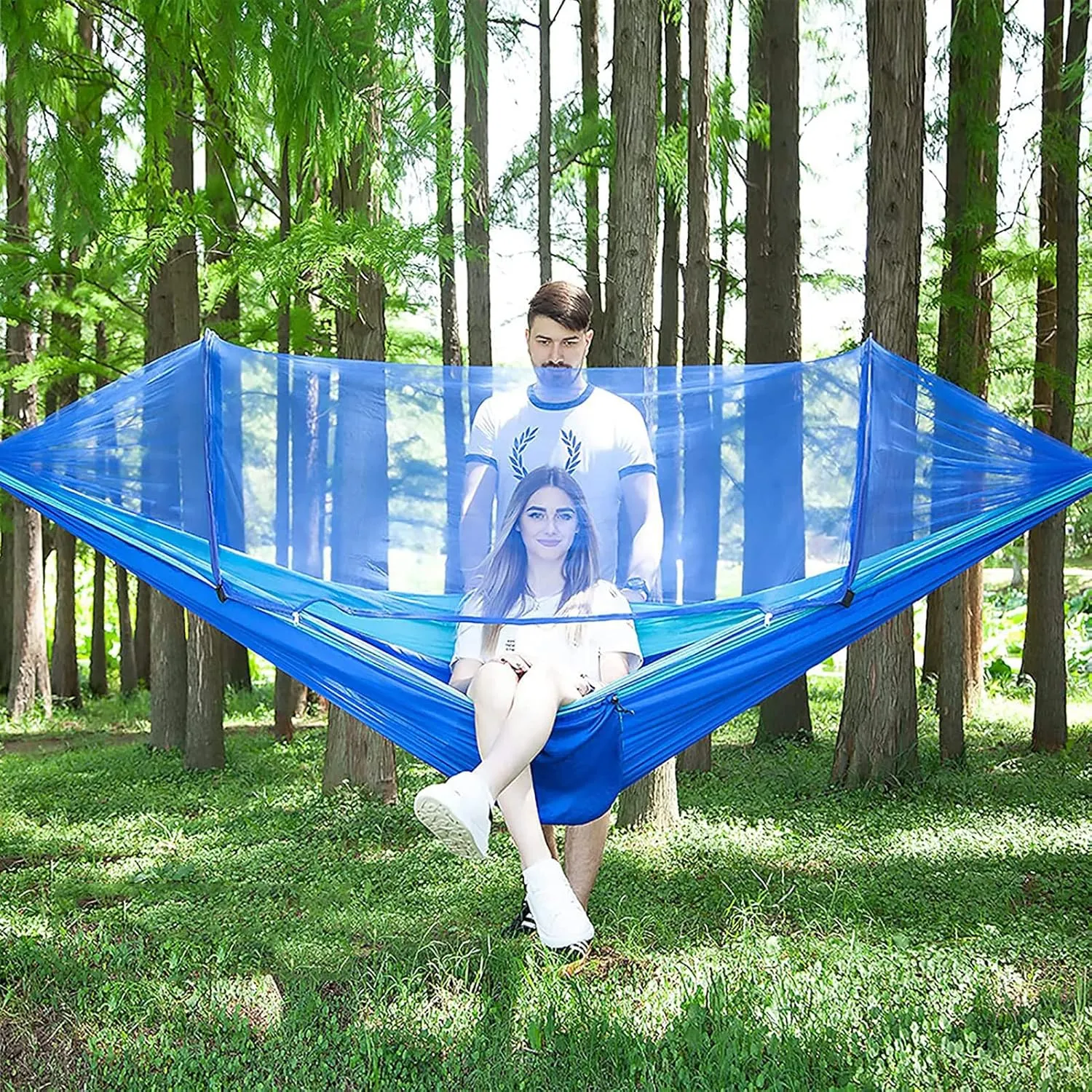 HUHJYUGE Camping Hammock with Mosquito Net, Hammocks with Tree Straps Carabiners, Automatic Quick Open Outdoor Portable Hammock, Nylon Parachute Material Hammocks (C)