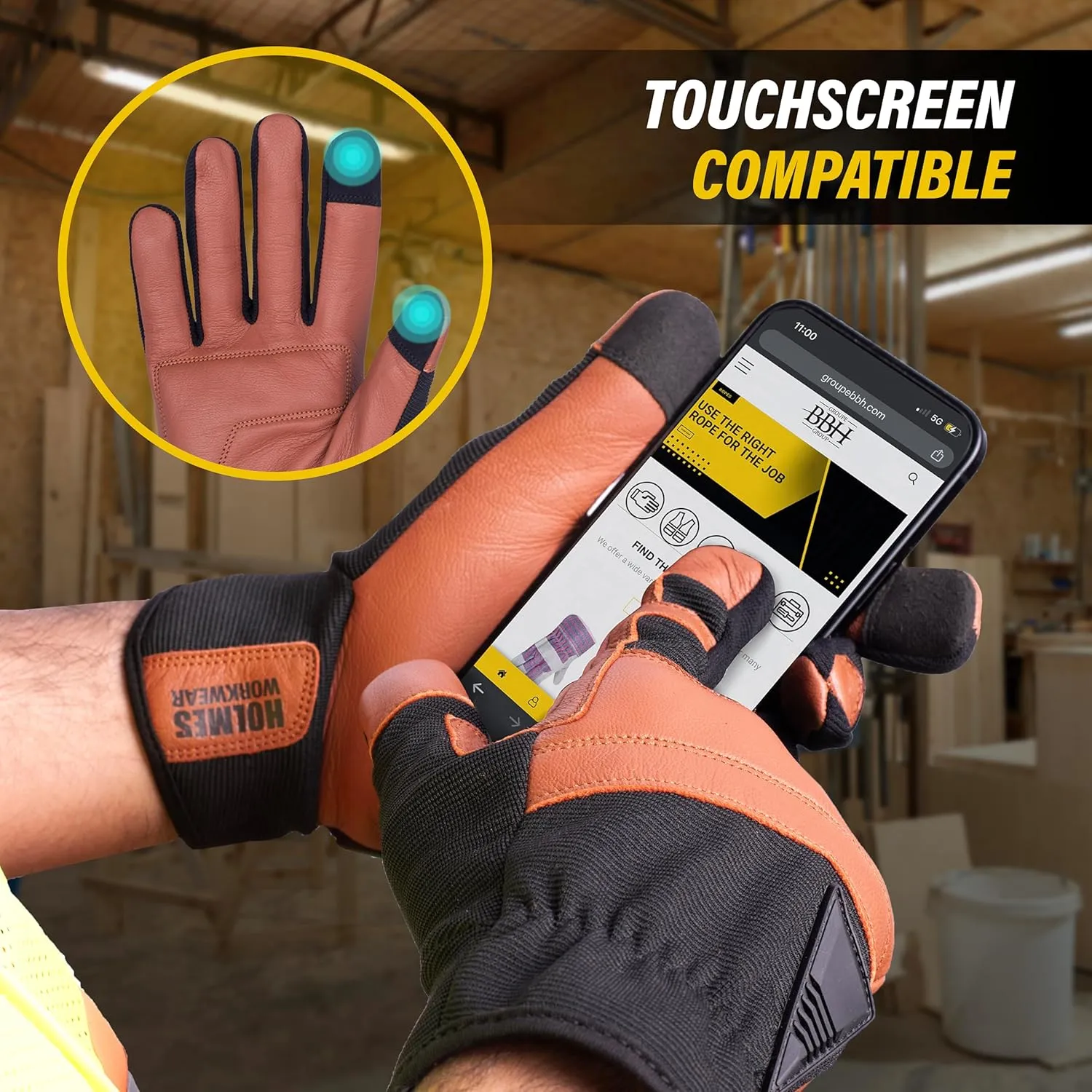 Hybrid Leather Performance Gloves, Water-Treated Goatskin Palm, Touchscreen-Compatible