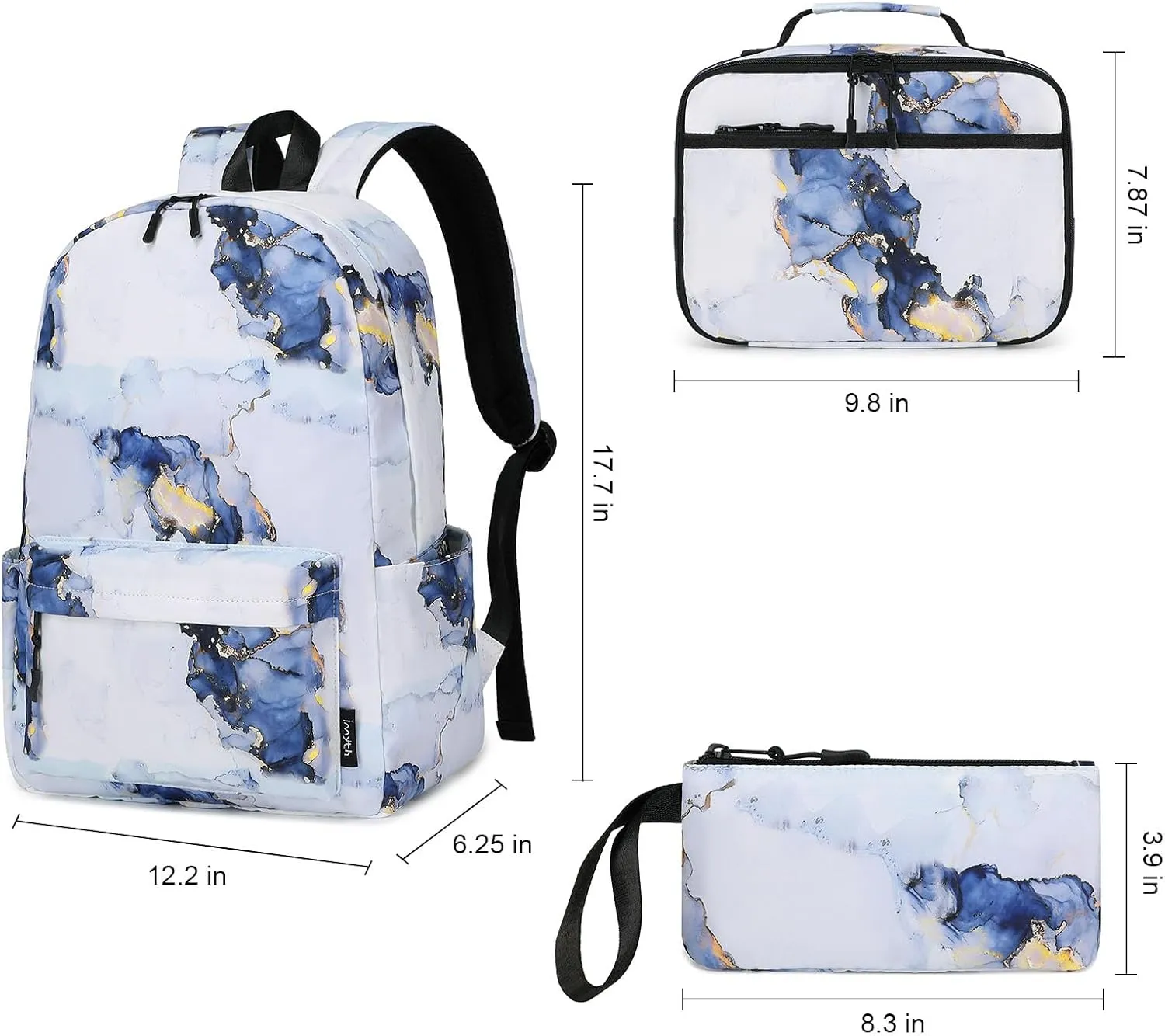 Imyth Backpack for Teen Girls School Gift Bookbag Lunch Box Pencil Bag 3 in 1 Set (Marble Black)