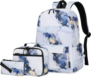 Imyth Backpack for Teen Girls School Gift Bookbag Lunch Box Pencil Bag 3 in 1 Set (Marble Black)