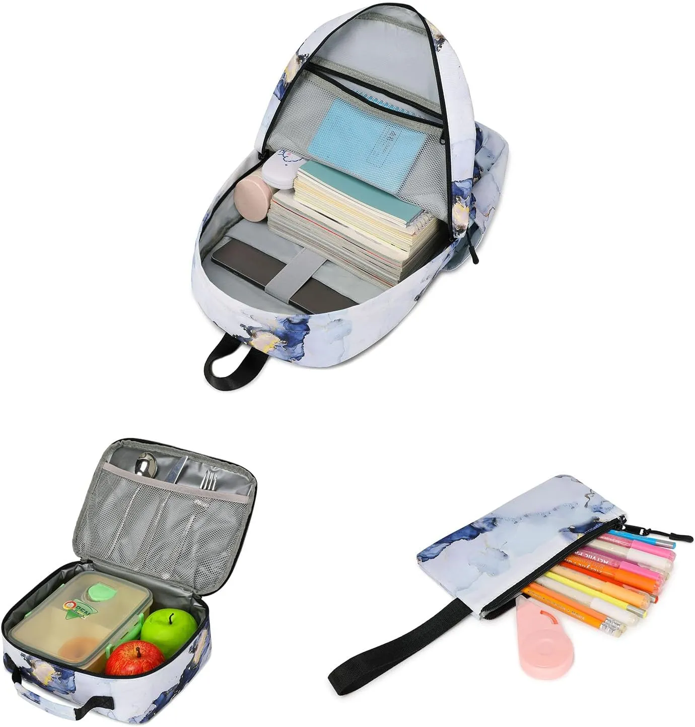 Imyth Backpack for Teen Girls School Gift Bookbag Lunch Box Pencil Bag 3 in 1 Set (Marble Black)
