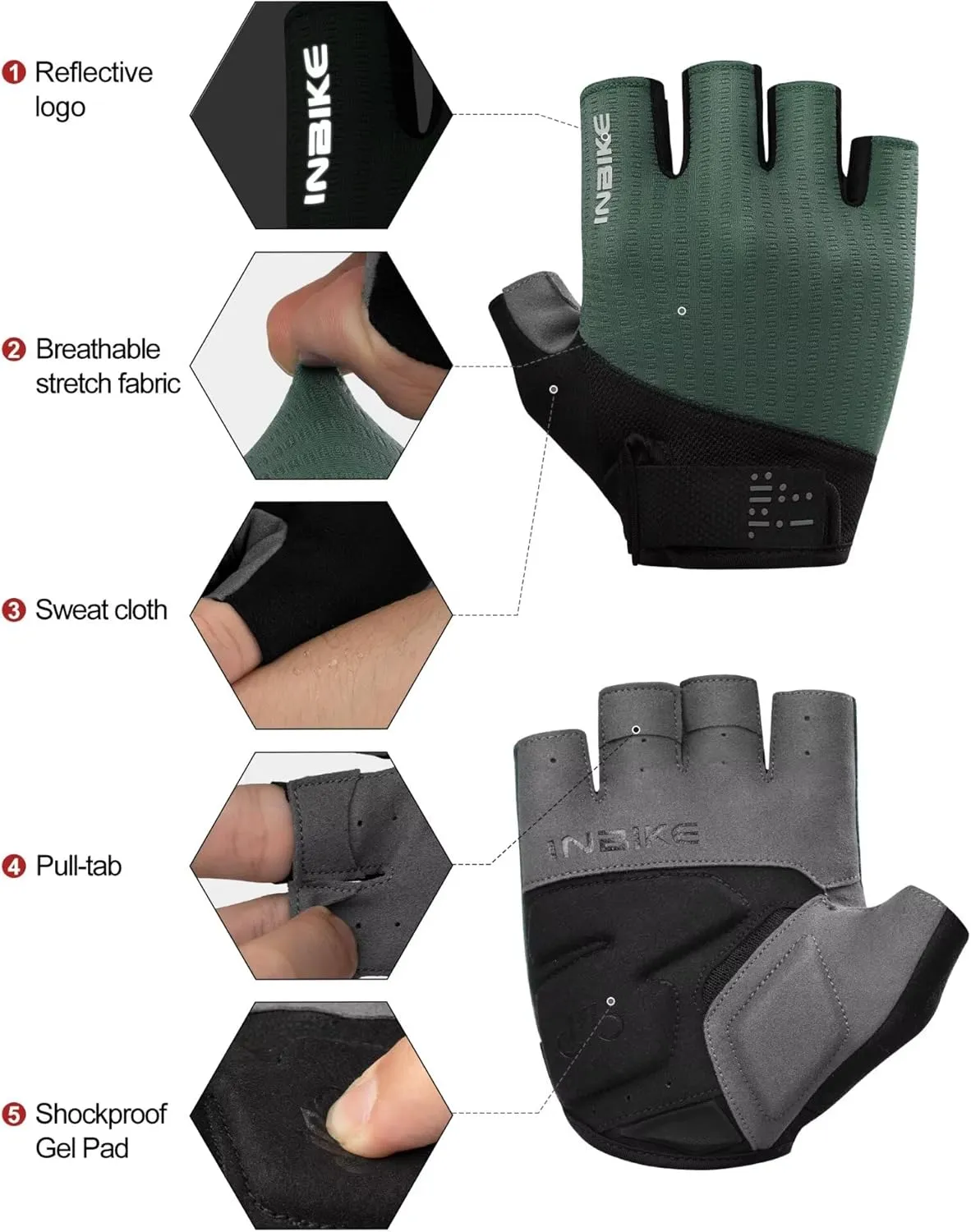 INBIKE Cycling Gloves for Men Women, Shock-Absorbing Memory Gel Padded Road Bike Gloves, Bicycle Breathable Half Finger Touchscreen Reflective Biking Gloves