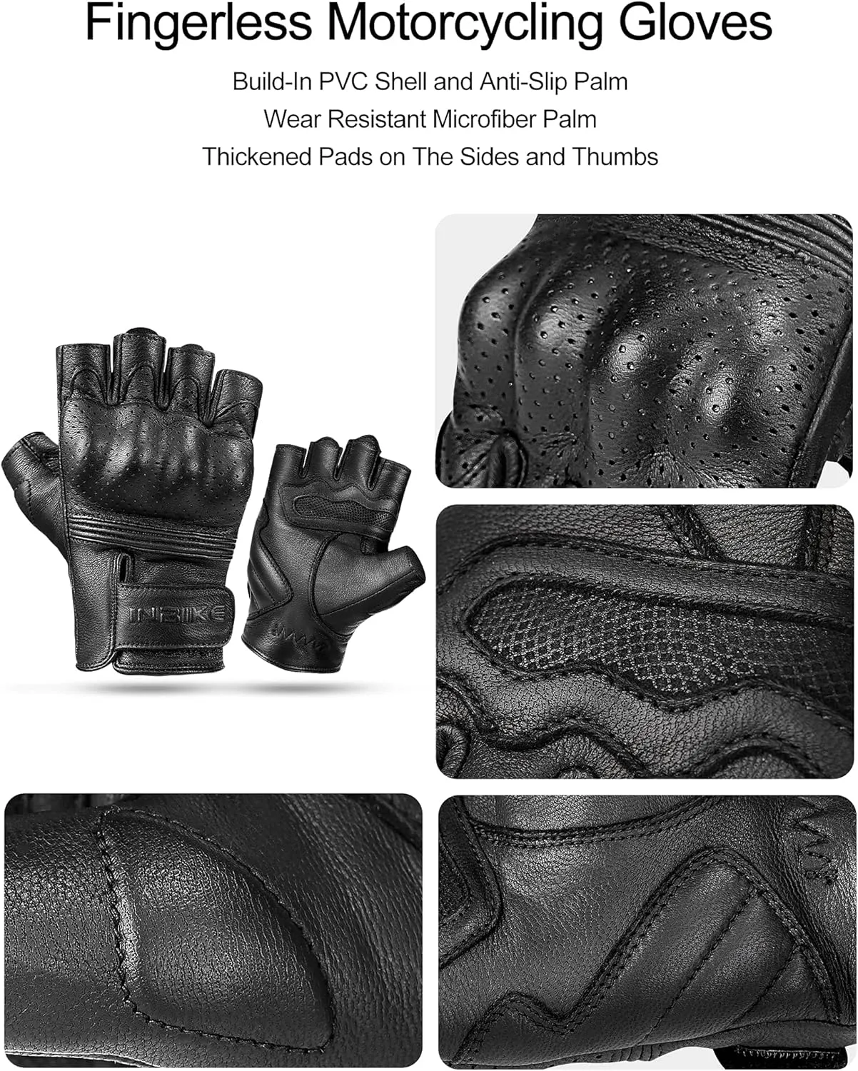 INBIKE Fingerless Motorcycle Gloves Summer Breathable Goatskin Leather Wear Resistant Hard Knuckle