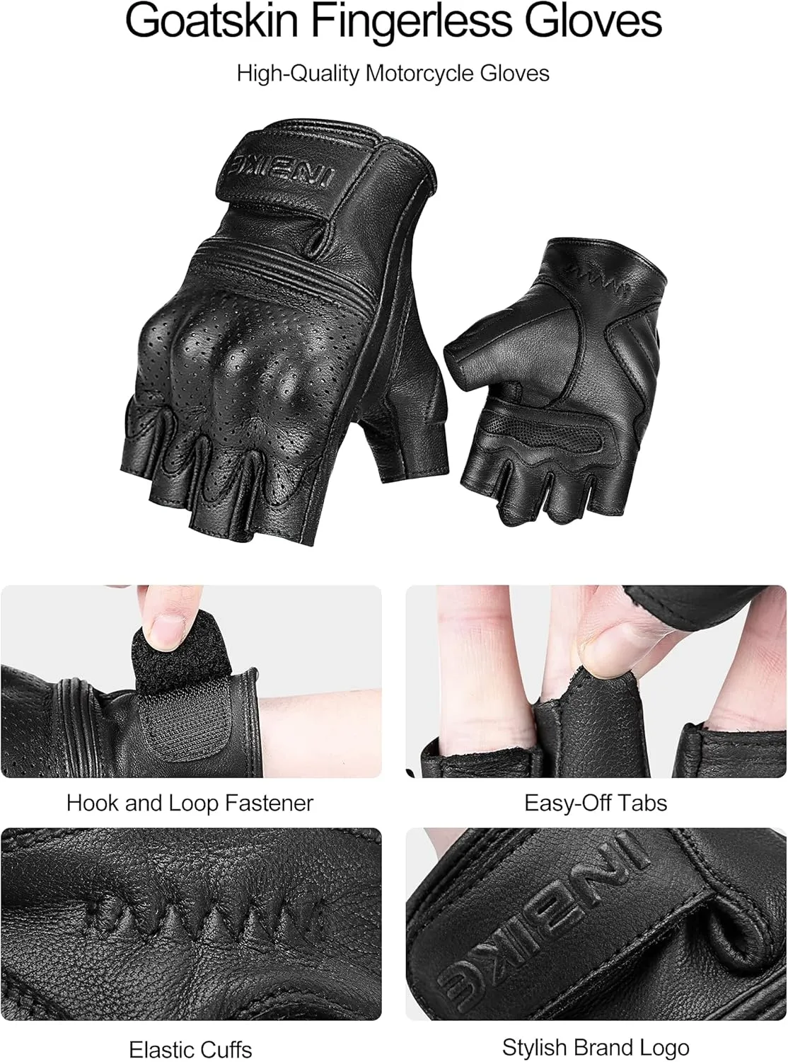 INBIKE Fingerless Motorcycle Gloves Summer Breathable Goatskin Leather Wear Resistant Hard Knuckle