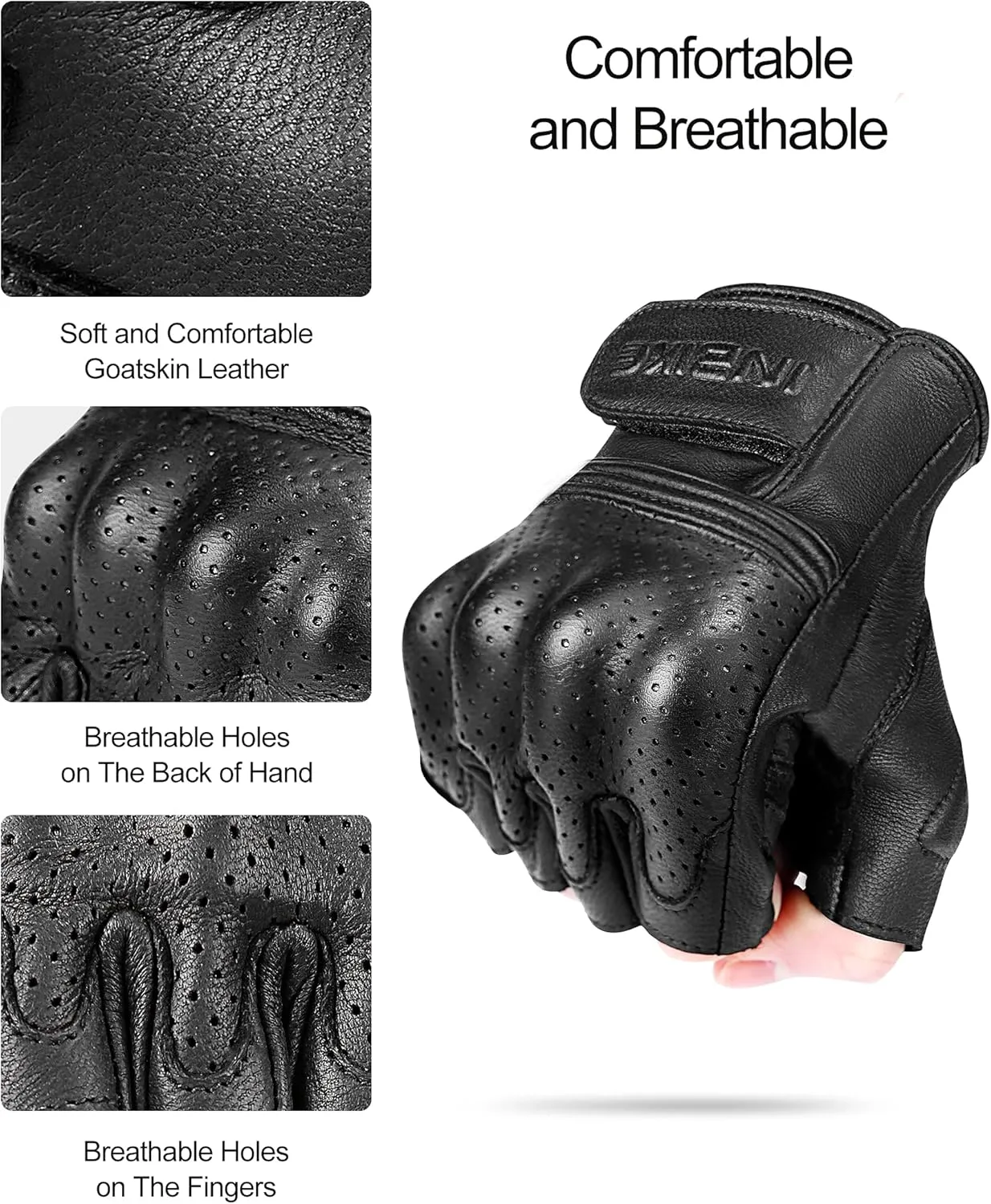INBIKE Fingerless Motorcycle Gloves Summer Breathable Goatskin Leather Wear Resistant Hard Knuckle