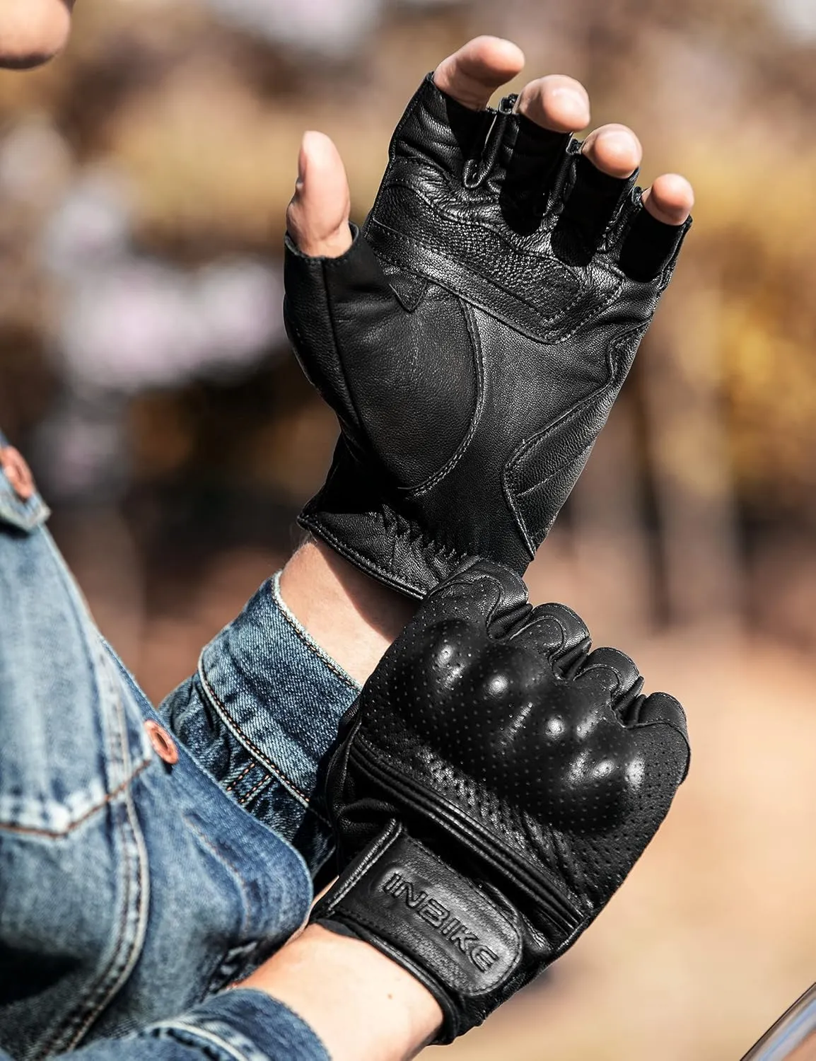 INBIKE Fingerless Motorcycle Gloves Summer Breathable Goatskin Leather Wear Resistant Hard Knuckle