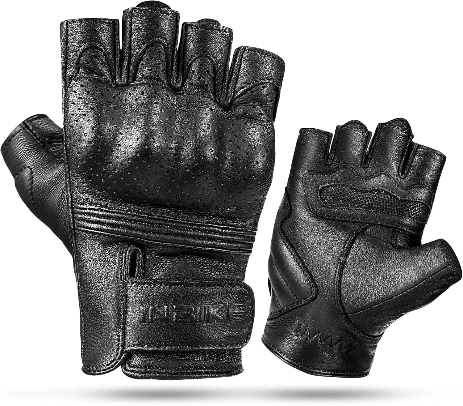 INBIKE Fingerless Motorcycle Gloves Summer Breathable Goatskin Leather Wear Resistant Hard Knuckle