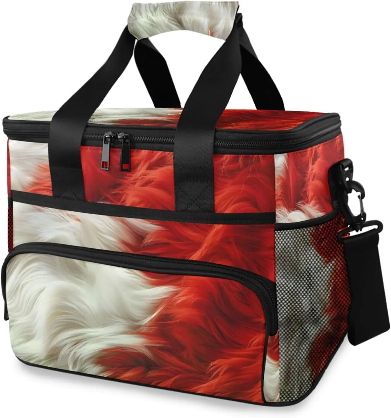 Insulated Cooler Bag 24 Cans Large Capacity Lunch Box-Red White Fur Print Leak Proof with Shoulder Strap for Camping Picnic