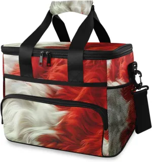 Insulated Cooler Bag 24 Cans Large Capacity Lunch Box-Red White Fur Print Leak Proof with Shoulder Strap for Camping Picnic