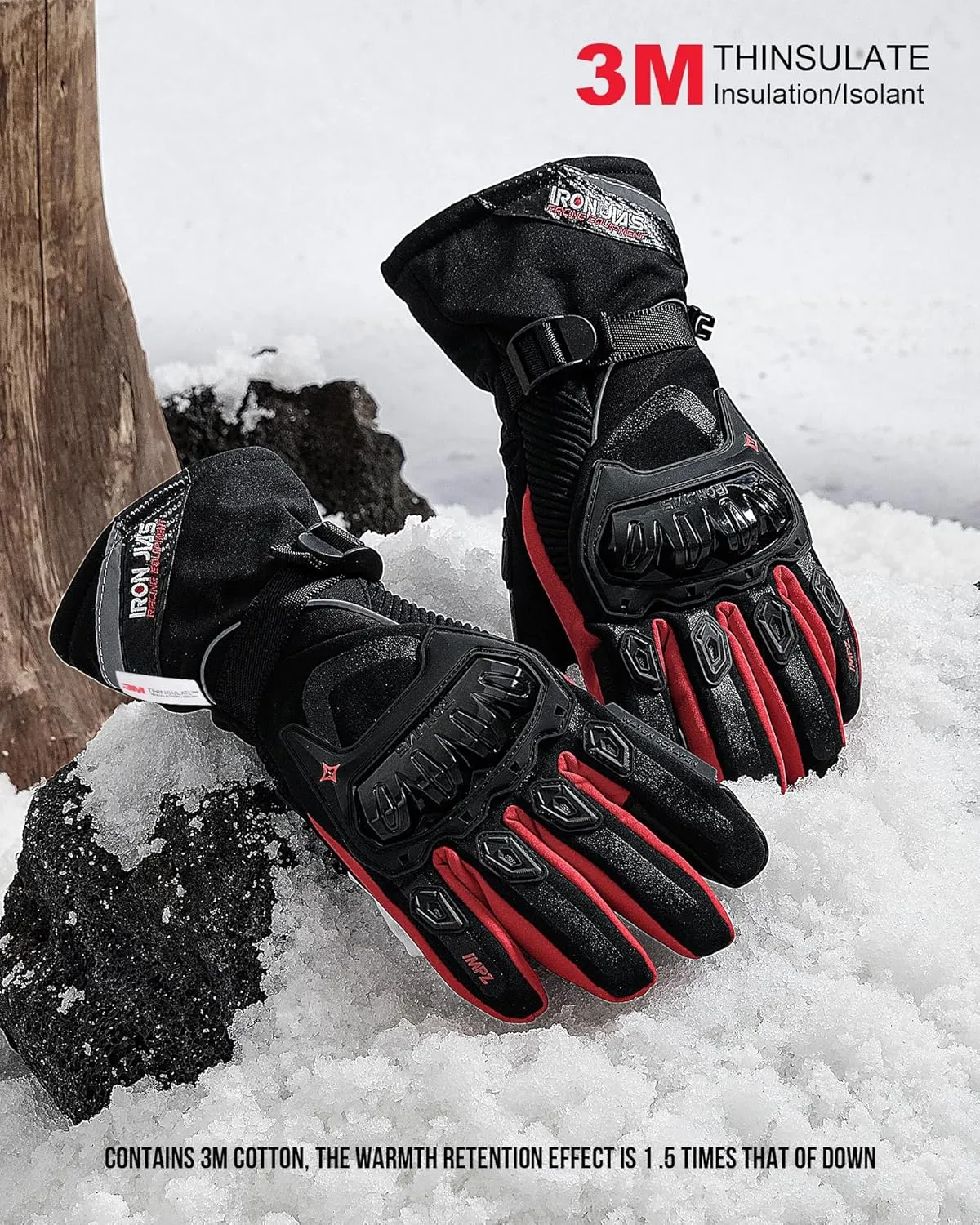 IRON JIA'S Motorcycle Gloves Winter Cold Weather Warm Touchscreen Waterproof Windproof Protective Gear (RED, XL)