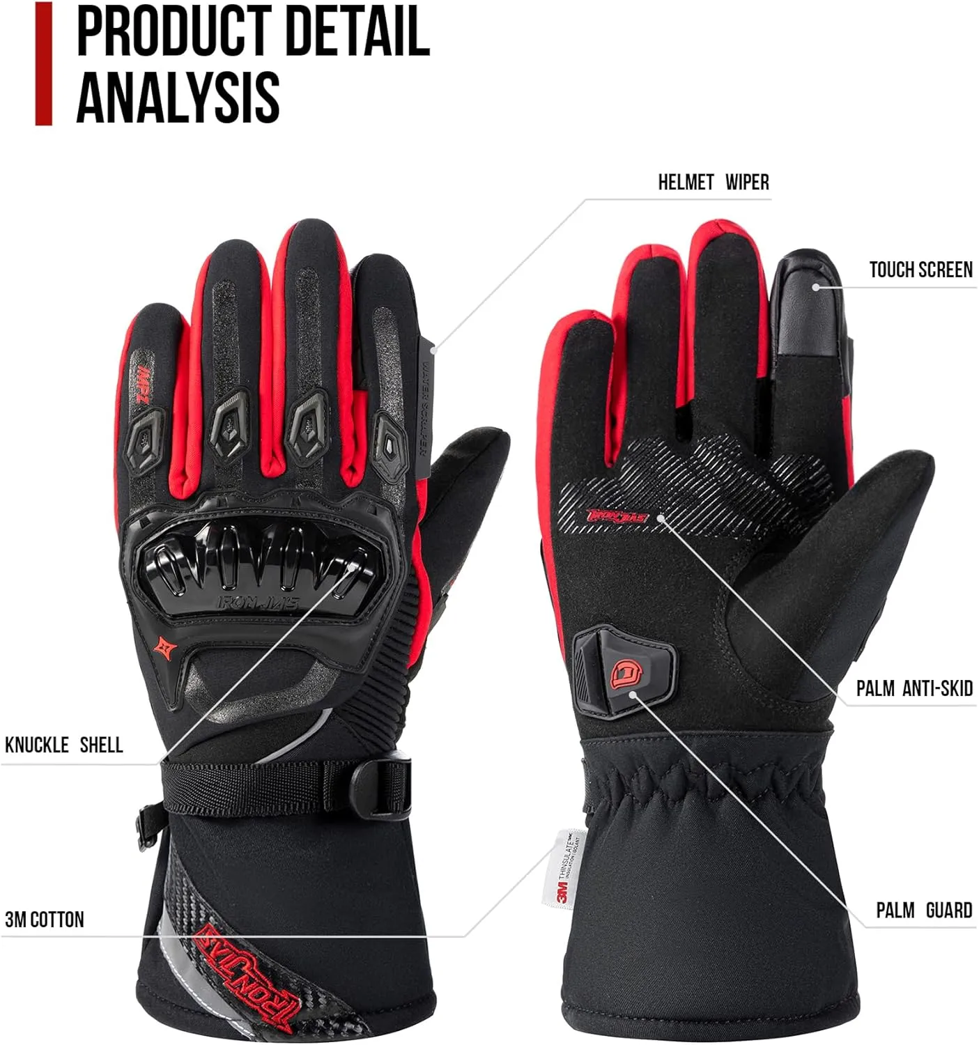 IRON JIA'S Motorcycle Gloves Winter Cold Weather Warm Touchscreen Waterproof Windproof Protective Gear (RED, XL)