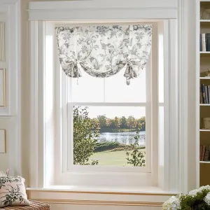 jinchan Tie Up Valance Floral Linen Gray Valance for Windows Farmhouse Valance 45 Inch Damask Printed Short Window Treatment Adjustable for Kitchen Living Room Light Filtering 1 Panel Grey on Beige