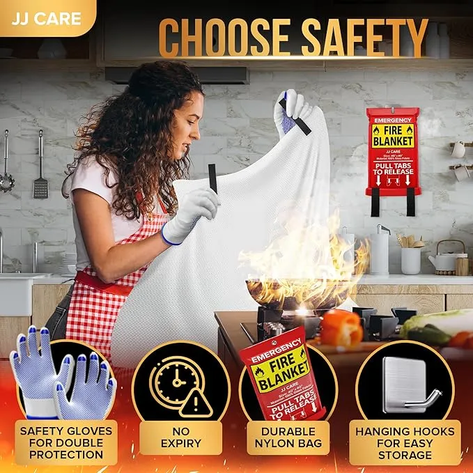 JJ CARE Fire Blanket – 4 Packs with Hooks and Gloves – Emergency Fire Blanket for Home & Kitchen, High Heat Resistant Fire Suppression Blankets for Home Safety, Kitchen, and Camping
