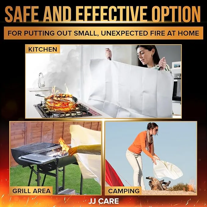 JJ CARE Fire Blanket – 4 Packs with Hooks and Gloves – Emergency Fire Blanket for Home & Kitchen, High Heat Resistant Fire Suppression Blankets for Home Safety, Kitchen, and Camping