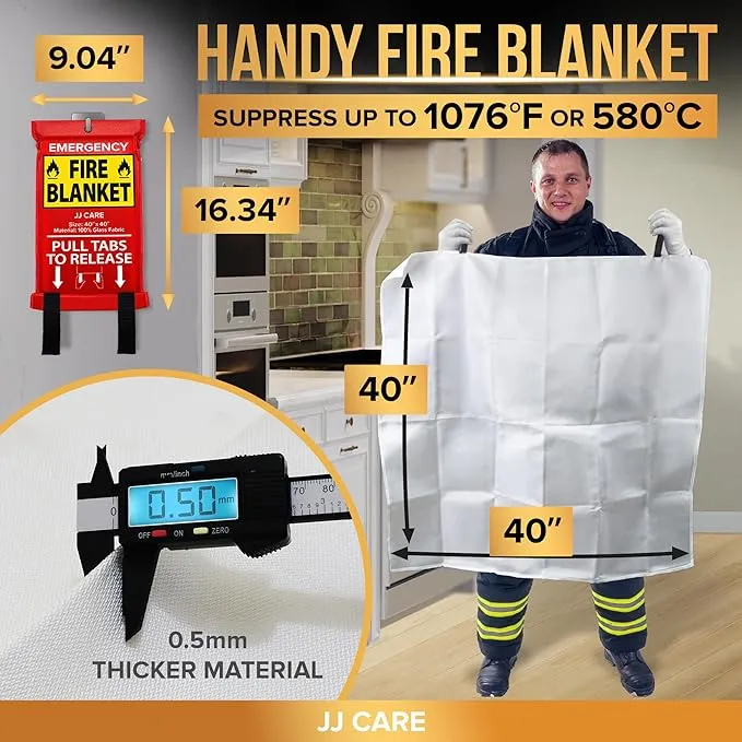 JJ CARE Fire Blanket – 4 Packs with Hooks and Gloves – Emergency Fire Blanket for Home & Kitchen, High Heat Resistant Fire Suppression Blankets for Home Safety, Kitchen, and Camping