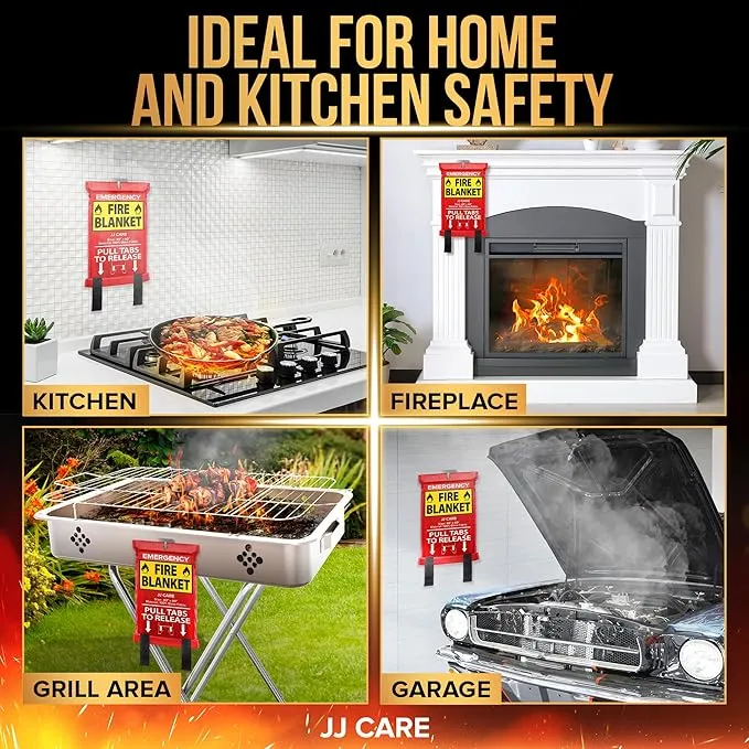 JJ CARE Fire Blanket – 4 Packs with Hooks and Gloves – Emergency Fire Blanket for Home & Kitchen, High Heat Resistant Fire Suppression Blankets for Home Safety, Kitchen, and Camping