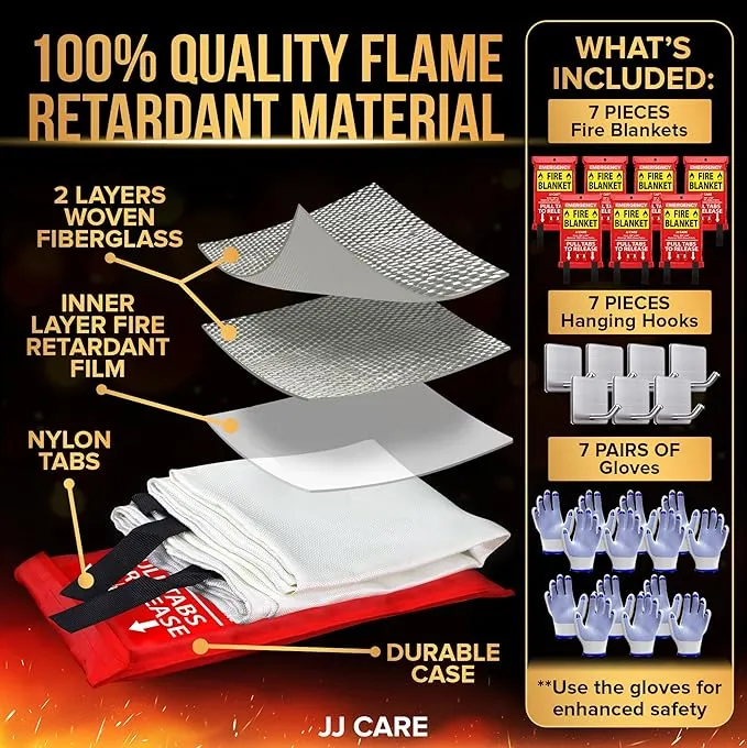 JJ CARE Fire Blanket – 7 Packs with Hooks and Gloves – Emergency Fire Blanket for Home & Kitchen, High Heat Resistant Fire Suppression Blankets for Home Safety, Kitchen, and Camping