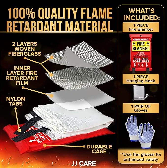JJ CARE Fire Blanket – (Large) 4.9x4.9ft with Hooks & Gloves, Emergency Fire Blanket for Home & Kitchen, High Heat Resistant Fire Suppression Blankets for Home Safety, Kitchen, Camping