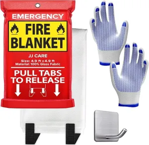 JJ CARE Fire Blanket – (Large) 4.9x4.9ft with Hooks & Gloves, Emergency Fire Blanket for Home & Kitchen, High Heat Resistant Fire Suppression Blankets for Home Safety, Kitchen, Camping