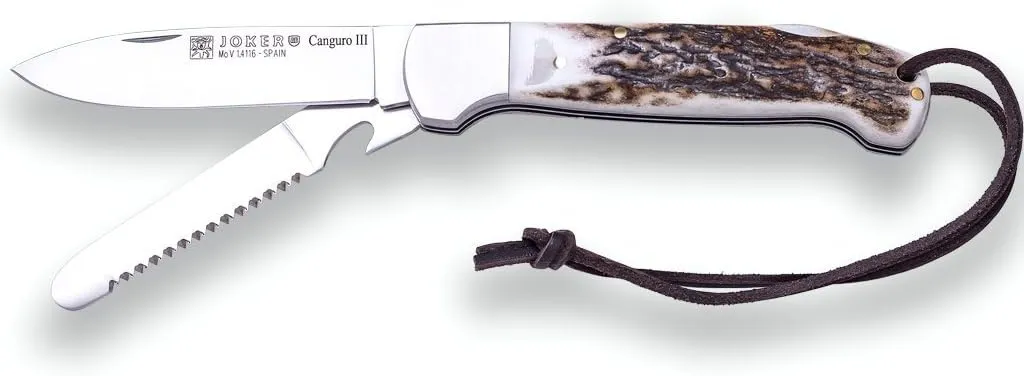 Joker Multifunction Pocket Knife Canguro III NC136, MOVA Stainless Steel Blade 3.14 inches   Blade with Saw, stag Horn Handle, Fishing Tool, Hunting, Camping and Hiking
