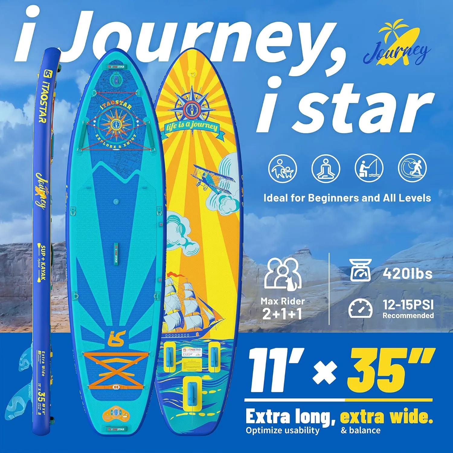 Journey 11'6" / 11'×34" / 11'×35" Extra Wide Paddle Board, One-Stop Premium SUP Board Accessories, Tailored Fins, Stable Inflatable Stand Up Paddle Boards for Youth/Adults of All Skill Levels