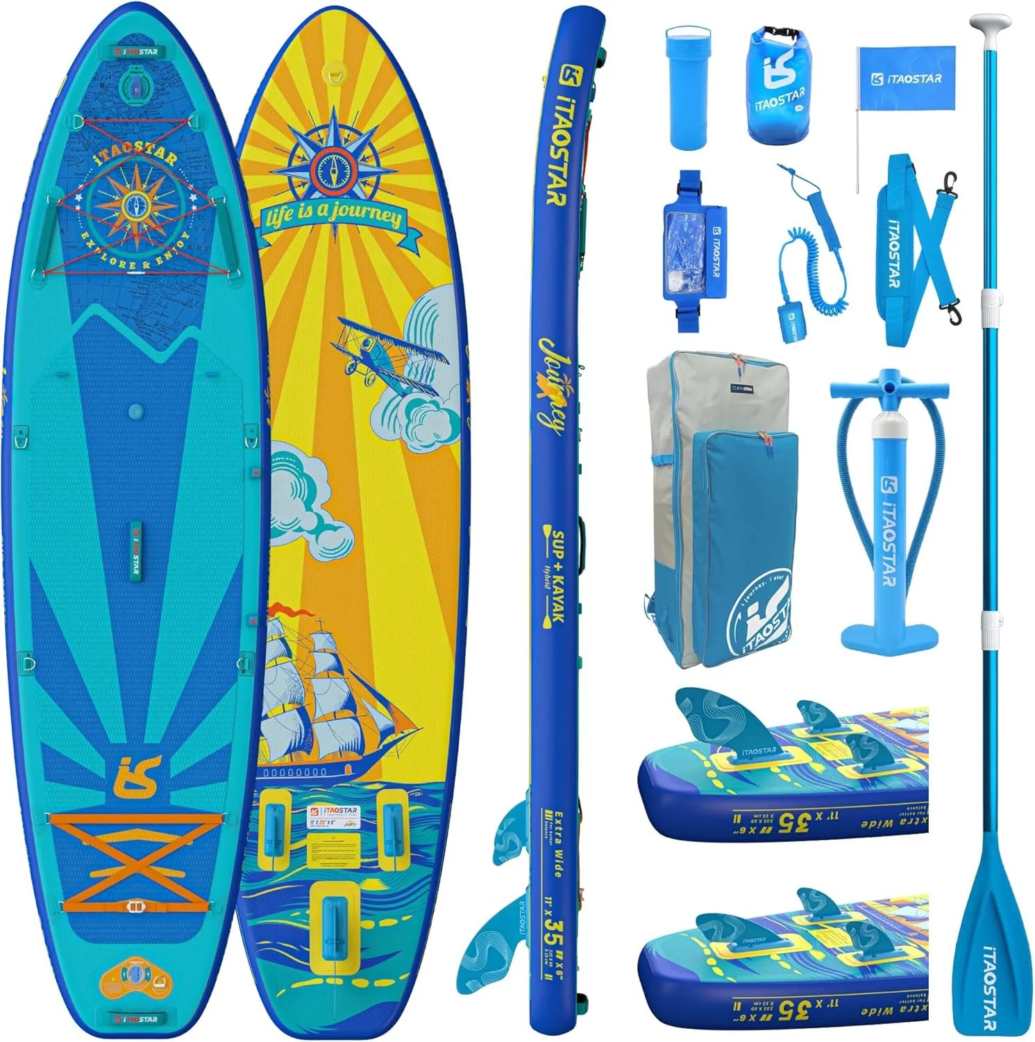 Journey 11'6" / 11'×34" / 11'×35" Extra Wide Paddle Board, One-Stop Premium SUP Board Accessories, Tailored Fins, Stable Inflatable Stand Up Paddle Boards for Youth/Adults of All Skill Levels