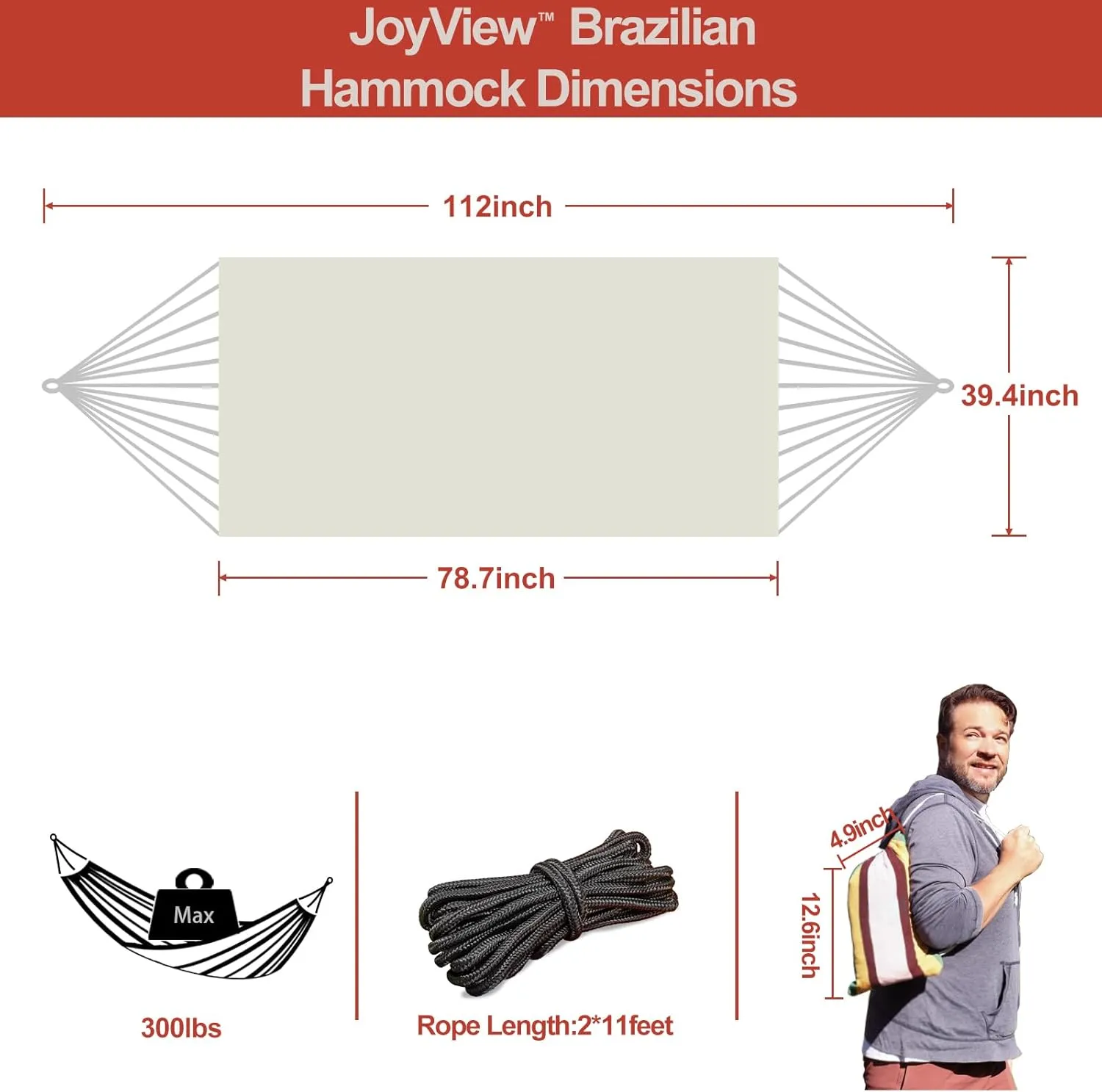 JoyView Brazilian Hammock for Single Person - 78.8x39.4” Portable Cotton Hammock with Hanging Ropes & Carry Bag Large for Patio 300LBS Capacity Perfect for Outdoor/Indoor - Natural White