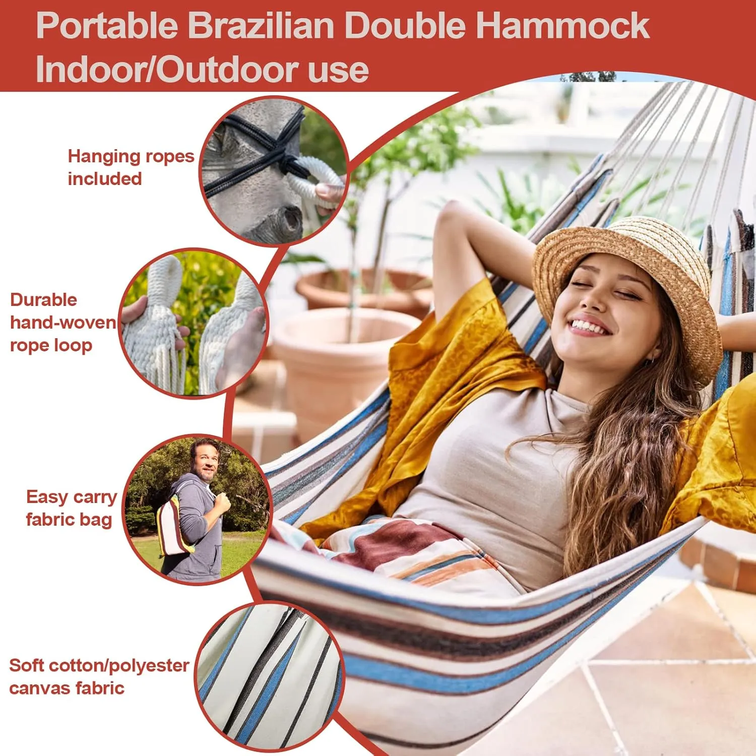 JoyView Brazilian Hammock for Single Person - 78.8x39.4” Portable Cotton Hammock with Hanging Ropes & Carry Bag Large for Patio 300LBS Capacity Perfect for Outdoor/Indoor - Natural White