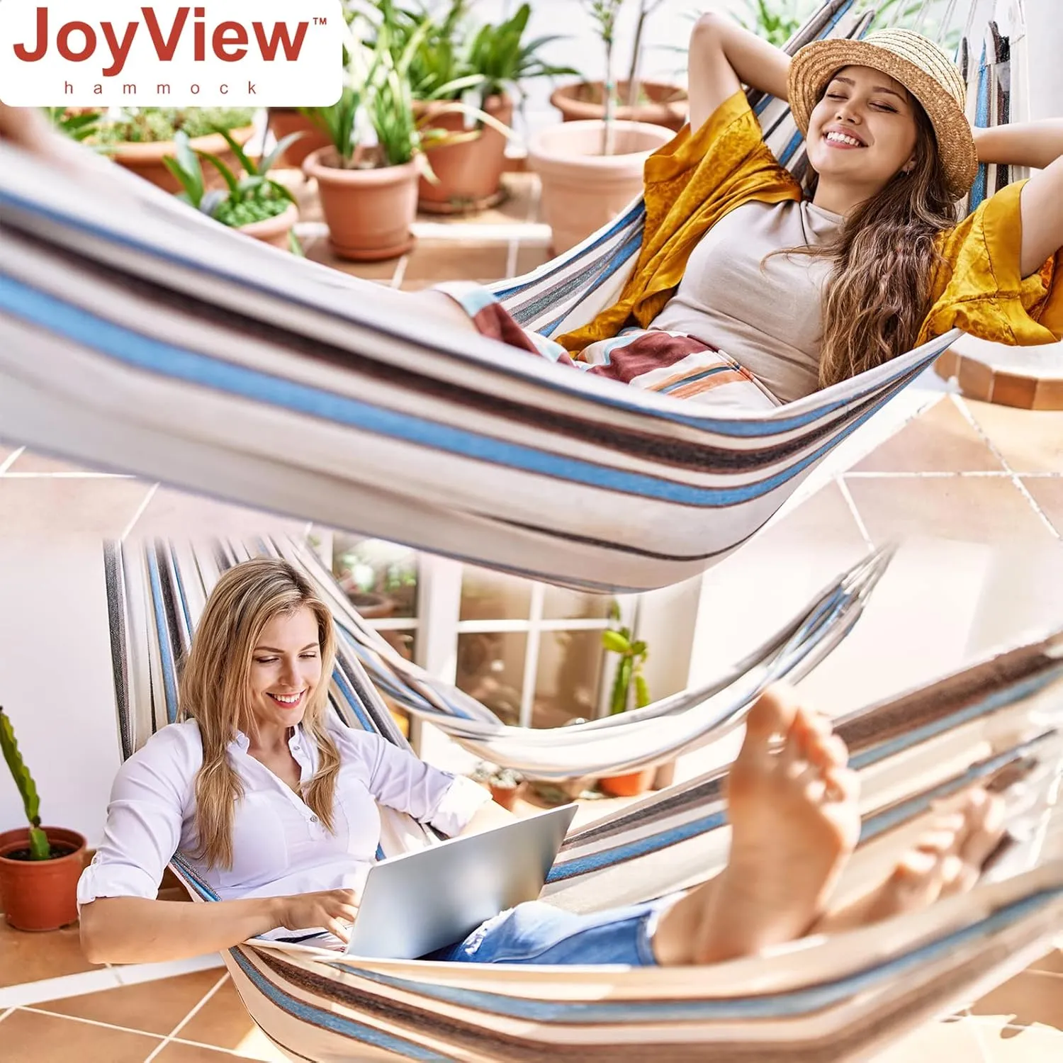 JoyView Brazilian Hammock for Single Person - 78.8x39.4” Portable Cotton Hammock with Hanging Ropes & Carry Bag Large for Patio 300LBS Capacity Perfect for Outdoor/Indoor - Natural White