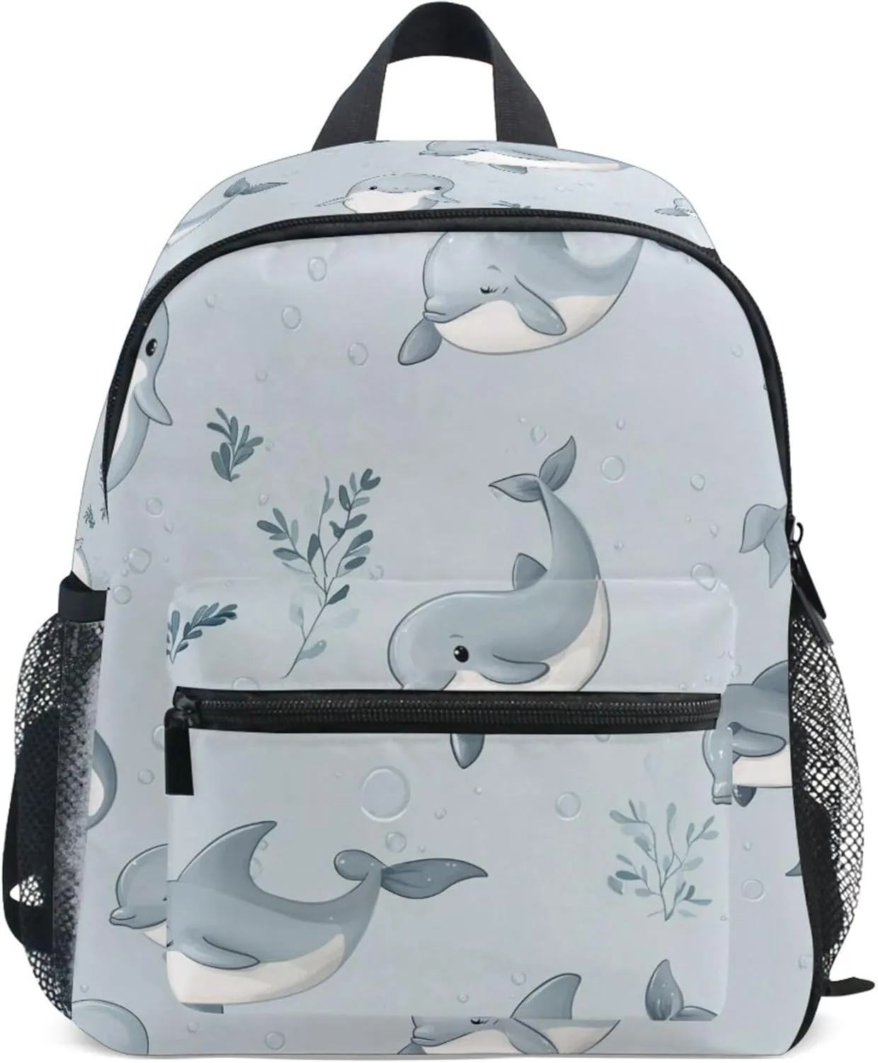 JUNZAN Cute Dolphin Silver Kids Tennis Backpack Bottle Pockets Travel Backpack for Toddlers Girls Book Bags for Airplane