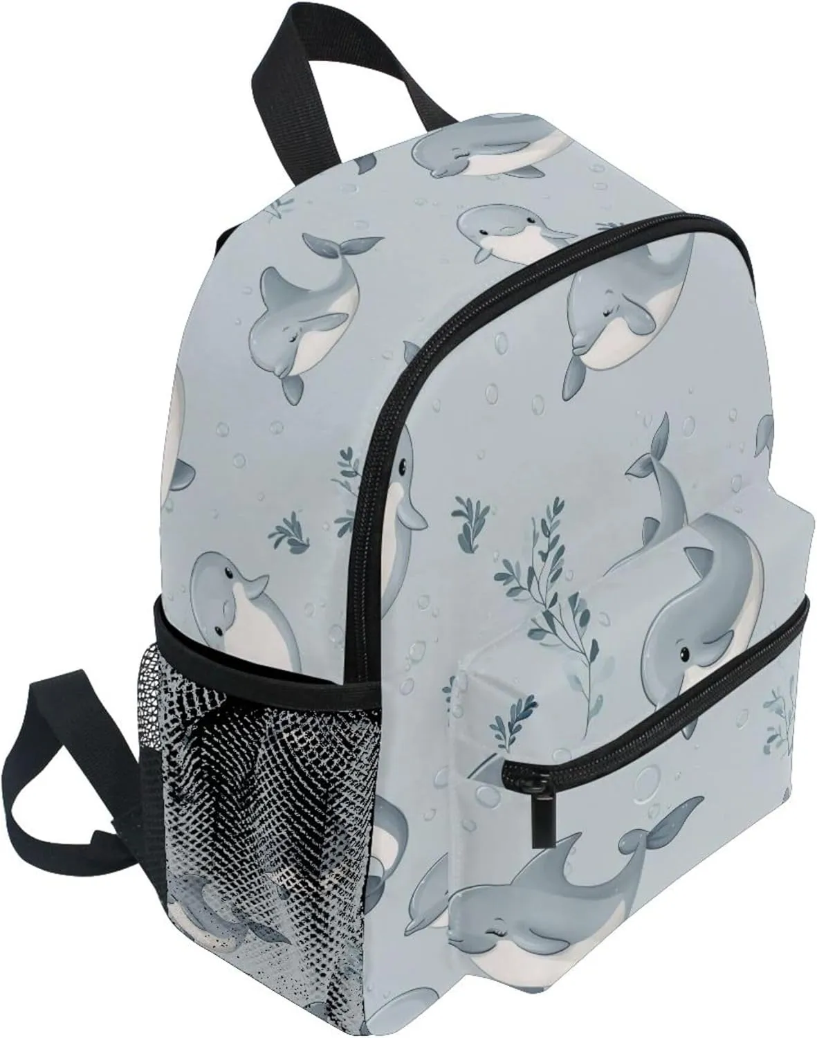 JUNZAN Cute Dolphin Silver Kids Tennis Backpack Bottle Pockets Travel Backpack for Toddlers Girls Book Bags for Airplane