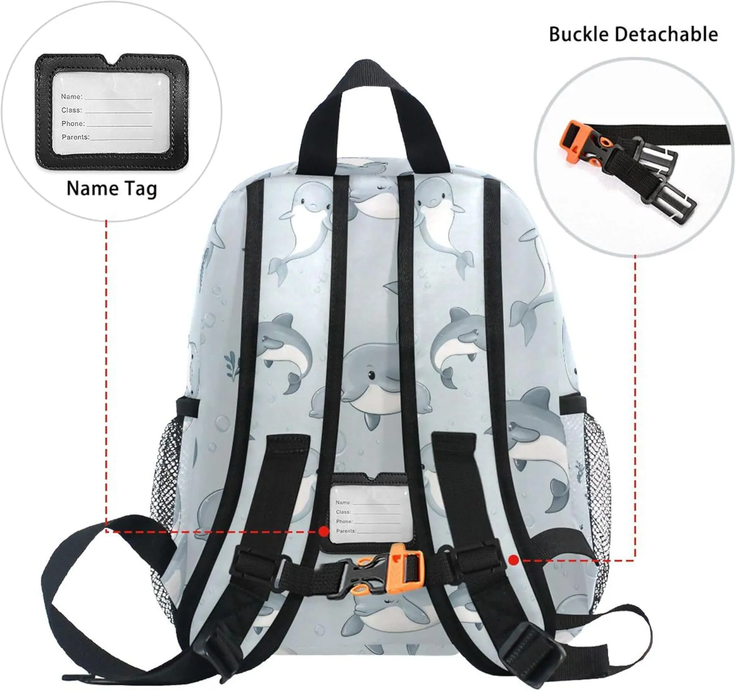 JUNZAN Cute Dolphin Silver Kids Tennis Backpack Bottle Pockets Travel Backpack for Toddlers Girls Book Bags for Airplane