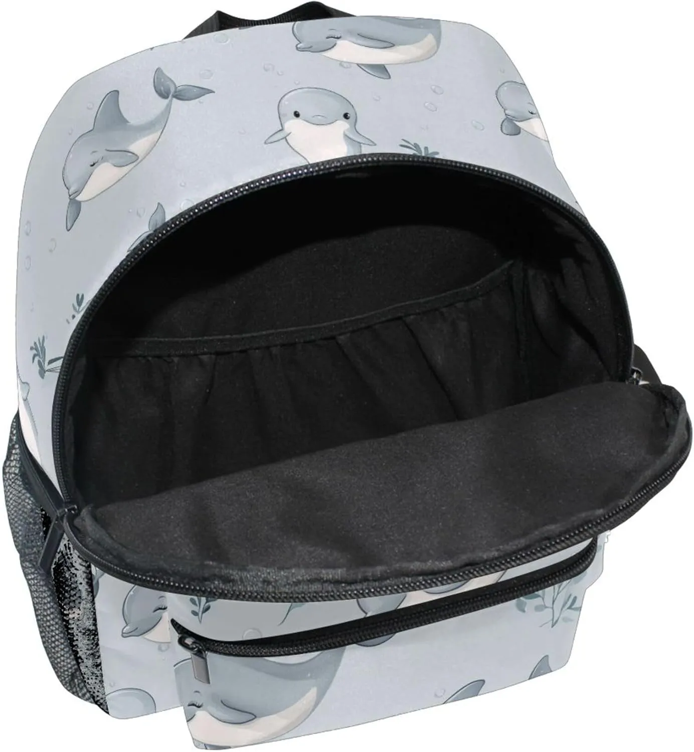 JUNZAN Cute Dolphin Silver Kids Tennis Backpack Bottle Pockets Travel Backpack for Toddlers Girls Book Bags for Airplane