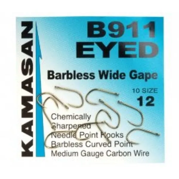 Kamasan B911 Eyed Barbless Wide Gape Hooks