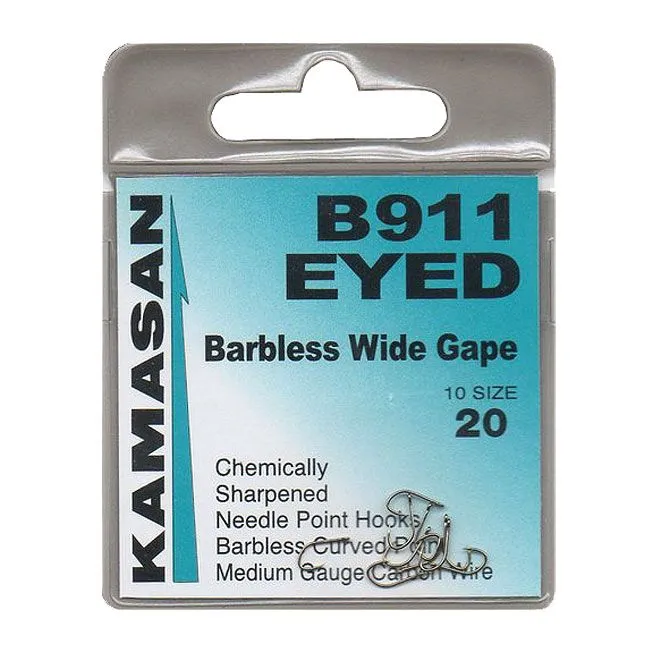 Kamasan B911 Eyed Barbless Wide Gape Hooks