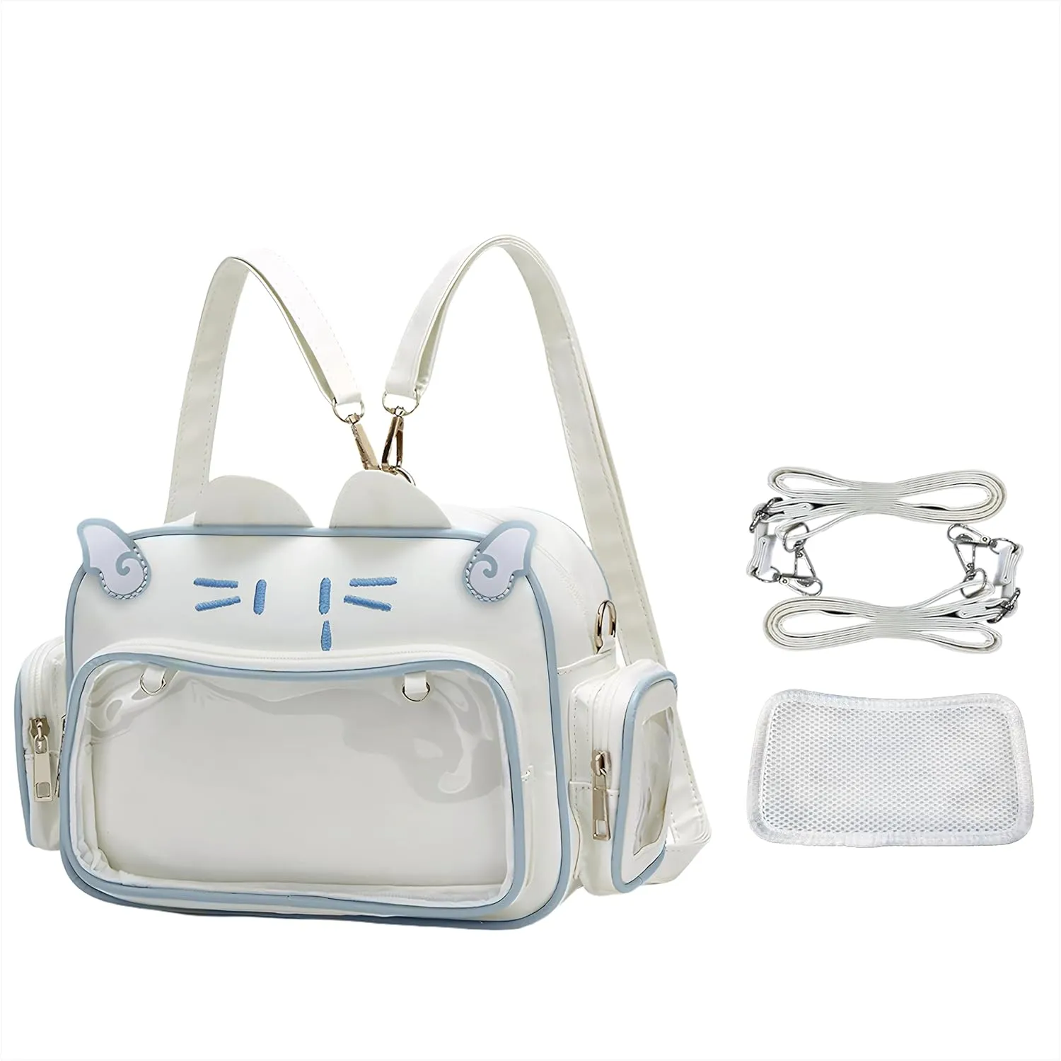 Kawaii Ita Bag Cat Backpack Y2k Girl Japanese School Bag Anime Shoulder Crossbody with Pin Display (White)