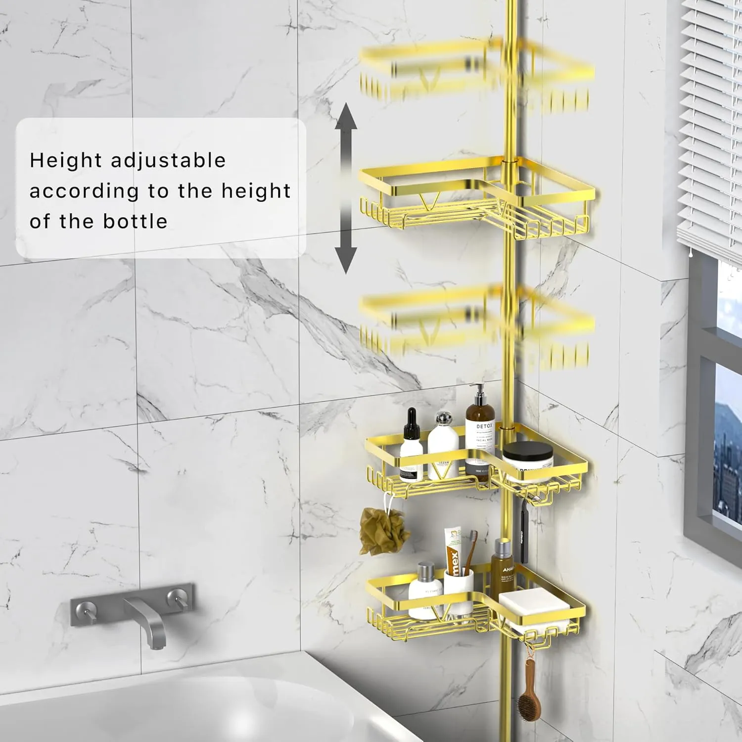 KEGII Corner Shower Caddy Tension Pole, 4-Tier Shower Tension Rod Organizer No Drilling, Floor to Ceiling Bathroom Caddy 25-114.2 inch, Adjustable Bath Tub Shampoo Holder for Corner, Gold