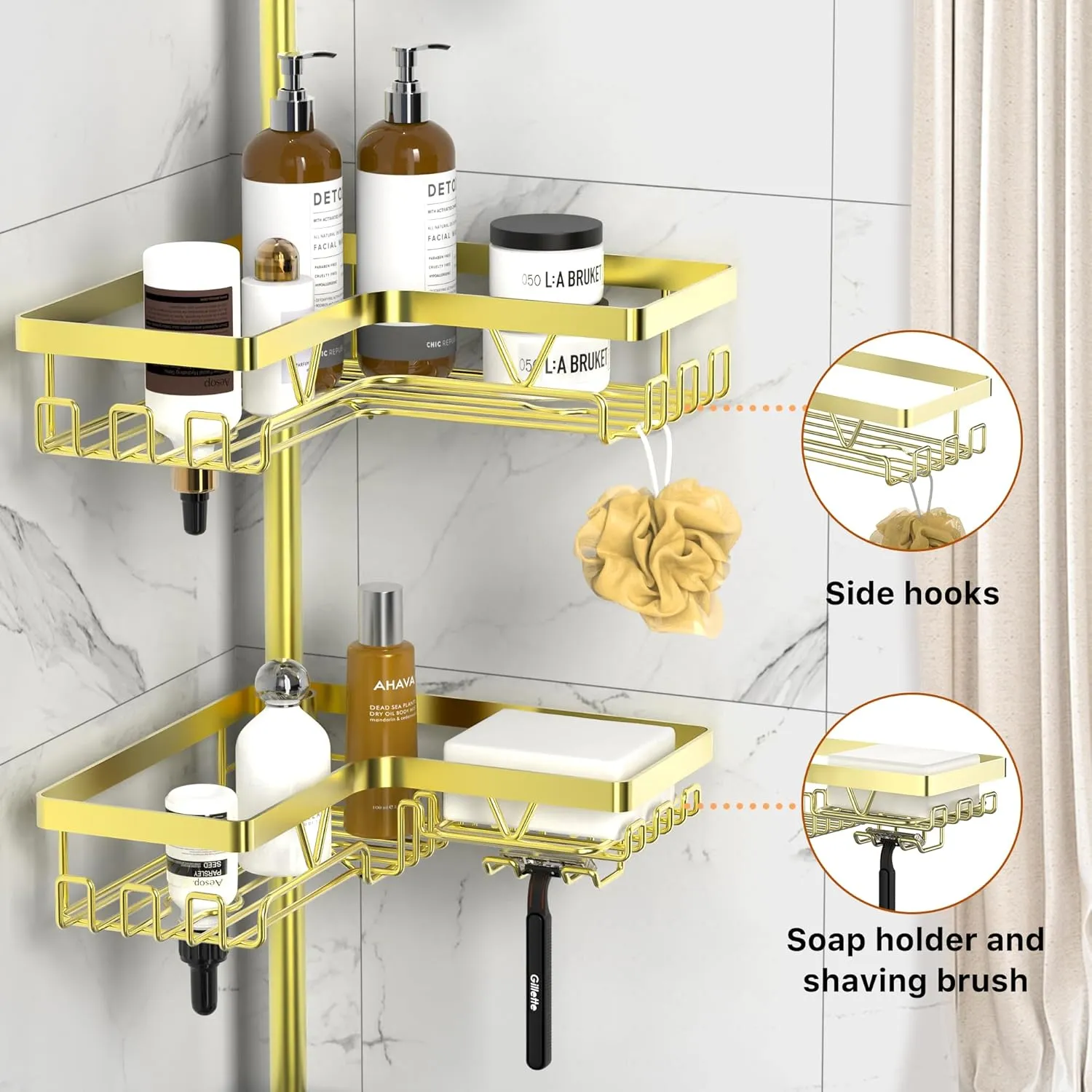 KEGII Corner Shower Caddy Tension Pole, 4-Tier Shower Tension Rod Organizer No Drilling, Floor to Ceiling Bathroom Caddy 25-114.2 inch, Adjustable Bath Tub Shampoo Holder for Corner, Gold