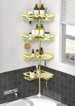KEGII Corner Shower Caddy Tension Pole, 4-Tier Shower Tension Rod Organizer No Drilling, Floor to Ceiling Bathroom Caddy 25-114.2 inch, Adjustable Bath Tub Shampoo Holder for Corner, Gold